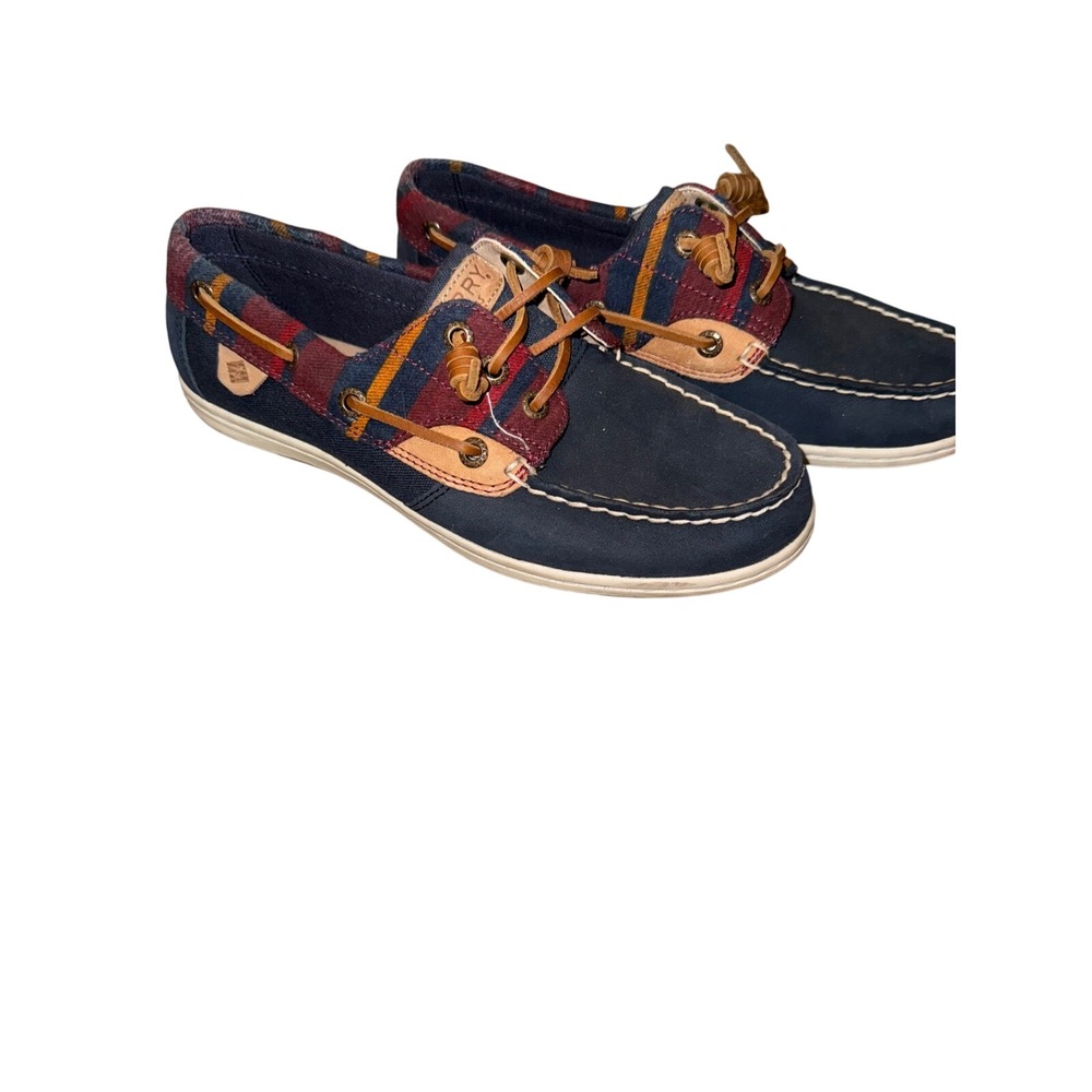 Sperry Top-Sider Plaid Flannel Boat Shoes Navy Blue Womens Preppy 7.5 - Picture 2 of 5
